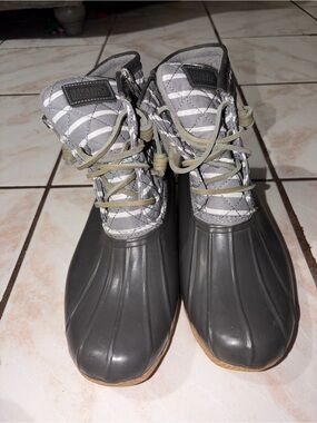 Sperry Duck Boots Classic Rain Boots Gray White Striped Sz 9.5